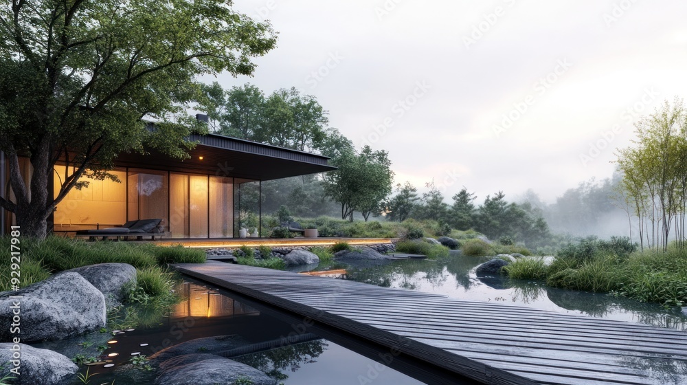 Modern House with Pond and Foggy Background Modern House with Pond and Foggy Background