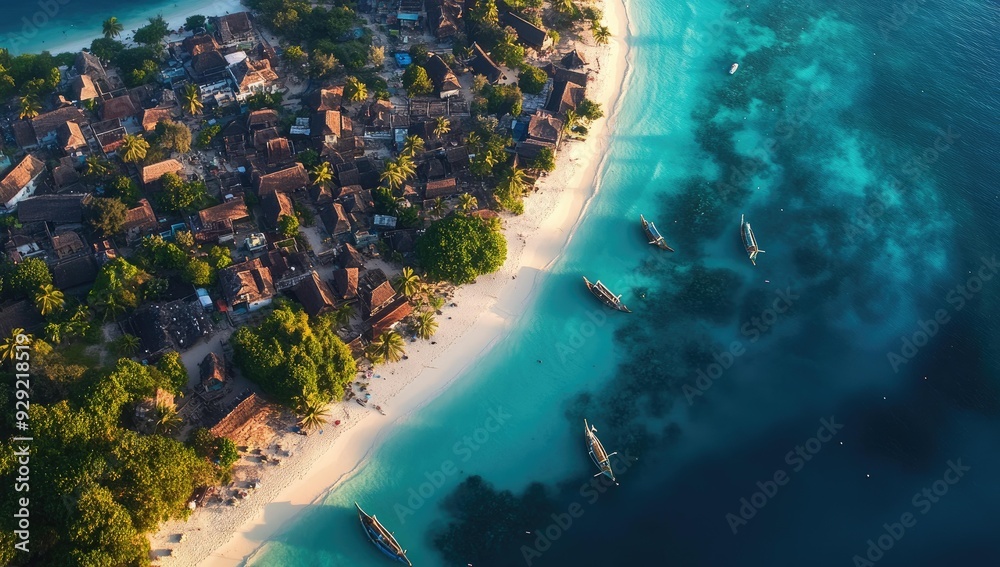 Obraz premium Tropical island village with boats in turquoise water.