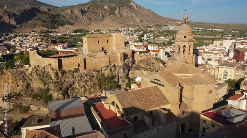 Aerial 4K video from drone to city of Loja and Church of the Incarnation with Moorish Alcazaba and Gorda Peak at Loja ,Granada, Andalusia, Spain, Europe (Series)