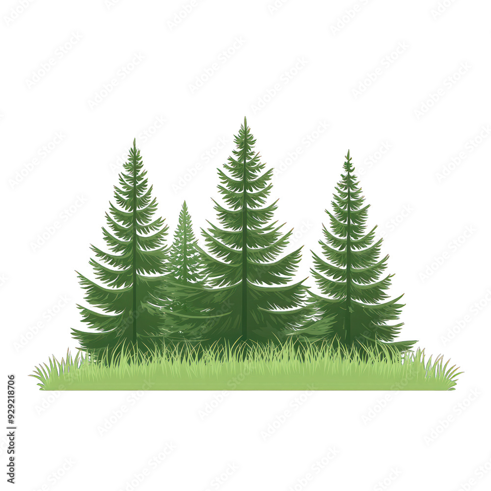 Obraz premium A serene illustration of evergreen trees surrounded by lush green grass, perfect for nature-themed projects. transparent background