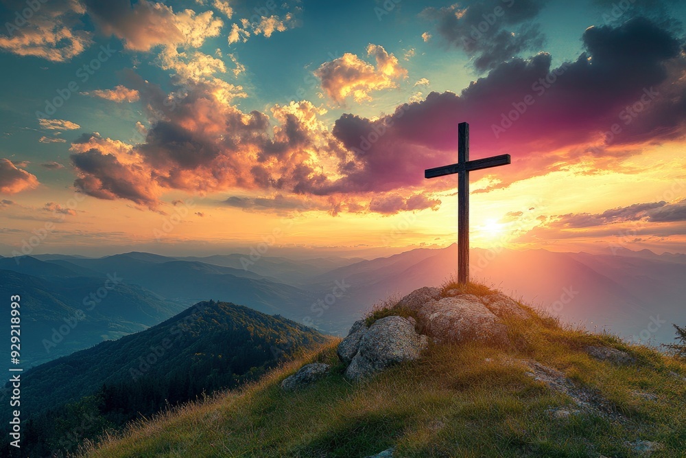 Cross, crucifixion, Jesus Christ on the mountain With a sunset background with generative ai Cross, crucifixion, Jesus Christ on the mountain With a sunset background with generative ai
