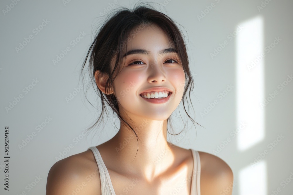 Beautiful young Asian woman smiling and happy created with Generative AI Beautiful young Asian woman smiling and happy created with Generative AI