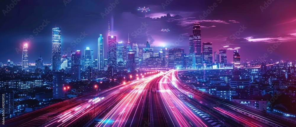 Vibrant cityscape with neon lights, showcasing busy traffic and illuminated skyscrapers under a starlit sky. Vibrant cityscape with neon lights, showcasing busy traffic and illuminated skyscrapers under a starlit sky.