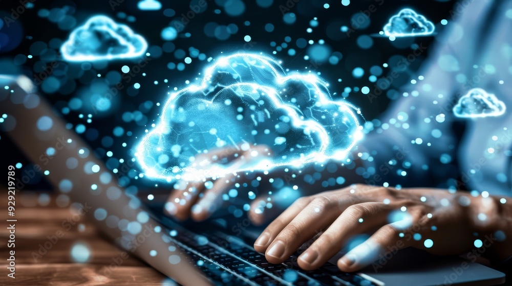 Businessman Using Laptop with Glowing Cloud Computing Icon Hologram Technology Concept Businessman Using Laptop with Glowing Cloud Computing Icon Hologram Technology Concept