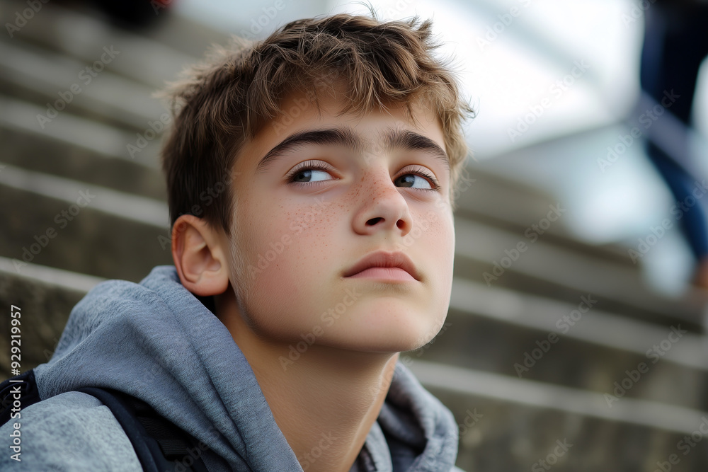 Pensive Teenage Boy with Freckles in Hoodie, Sitting on Outdoor Steps Pensive Teenage Boy with Freckles in Hoodie, Sitting on Outdoor Steps