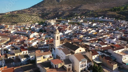 Aerial 4K video from drone to city of Loja and Church of the Incarnation with Moorish Alcazaba and Gorda Peak at Loja ,Granada, Andalusia, Spain, Europe (Series)