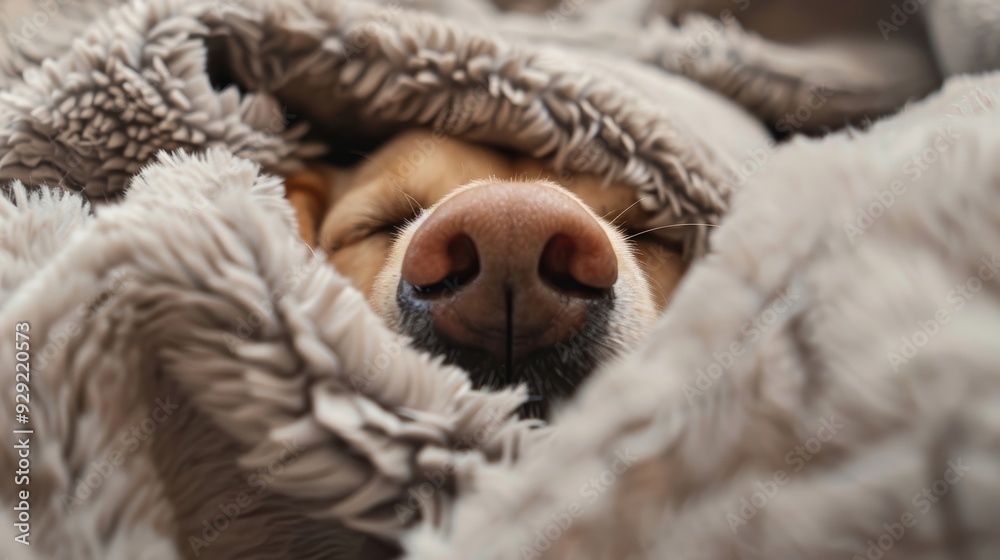 Cute dog snuggled under a soft blanket, radiating warmth and comfort. Cute dog snuggled under a soft blanket, radiating warmth and comfort.