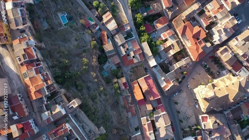 Aerial 4K video from drone to city of Loja and Church of the Incarnation with Moorish Alcazaba and Gorda Peak at Loja ,Granada, Andalusia, Spain, Europe (Series)