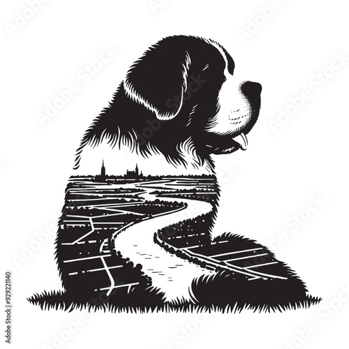 silhouette of st, bernard dog, filled with river view in rough drawing,