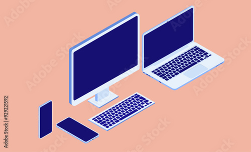 Isometric computers and mobile phones mockup template - Vector illustration graphic of desktop pc, laptop and smartphone with blank dark screen