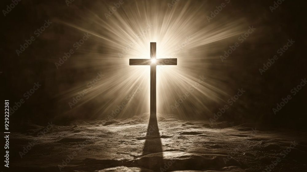 cross of jesus christ on sorrow darkness and bright light and rays background with generative ai cross of jesus christ on sorrow darkness and bright light and rays background with generative ai