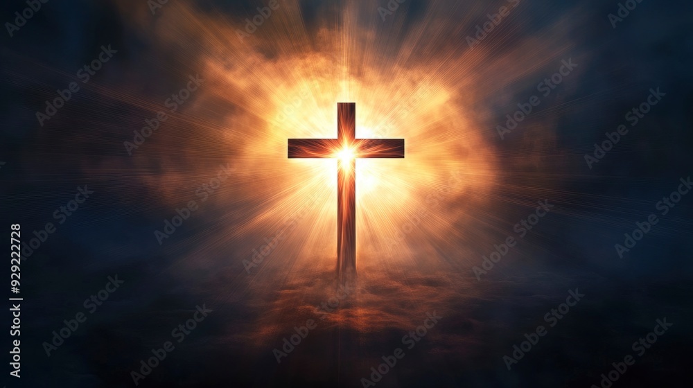 cross of jesus christ on sorrow darkness and bright light and rays background with generative ai cross of jesus christ on sorrow darkness and bright light and rays background with generative ai