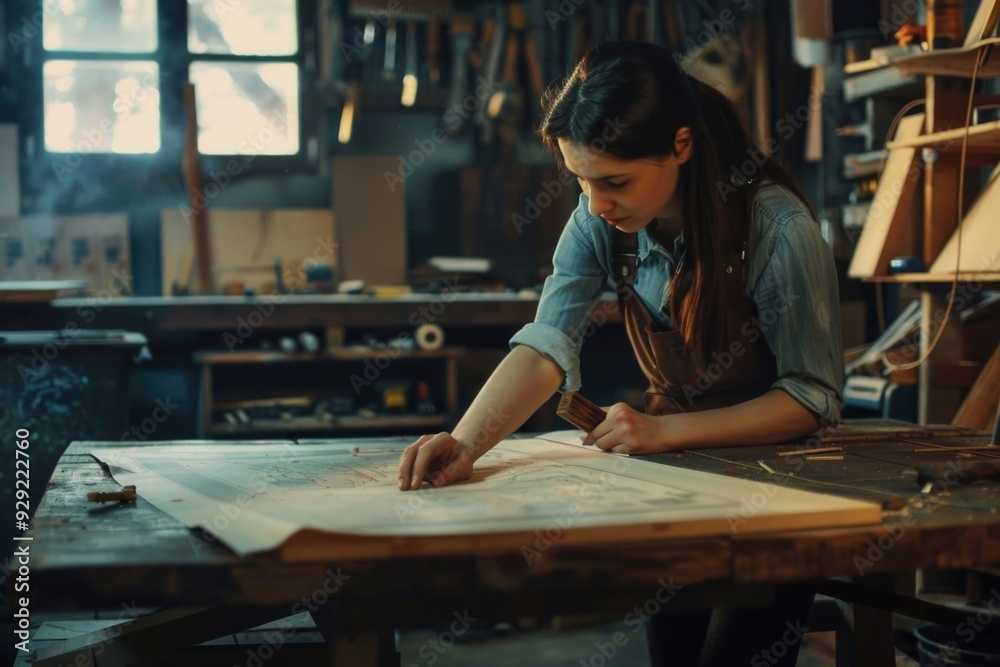 A woman works on a piece of paper in a well-lit workshop setting A woman works on a piece of paper in a well-lit workshop setting