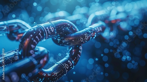 chain with binary code on dark background, concept of blockchain technology and cyber security