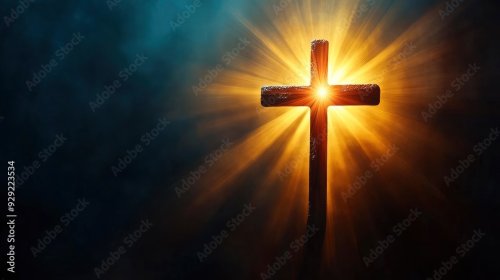 cross of jesus christ on sorrow darkness and bright light and rays background with generative ai cross of jesus christ on sorrow darkness and bright light and rays background with generative ai