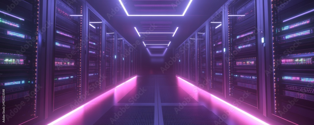 Fototapeta premium Neon corridor illuminating server room with data servers