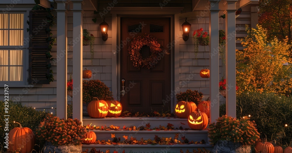 Obraz premium Halloween decoration with pumpkins and flowers on the front porch of an American house