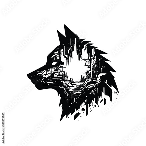silhouette of Wolf, filled with destroyed futuristic dystopia environment in rough drawing,