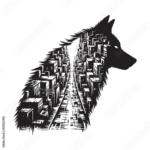 silhouette of Wolf filled with ghetto street in rough drawing