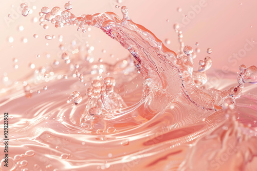 Champagne wine splash exploding in liquid, closeup on pastel pink background, champagne motion splash.