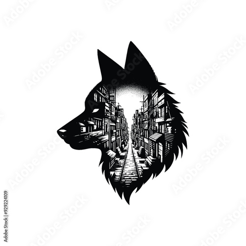 silhouette of Wolf, filled with ghetto street in rough drawing,