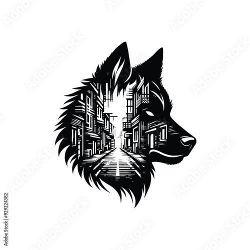 silhouette of Wolf, filled with ghetto street in rough drawing,