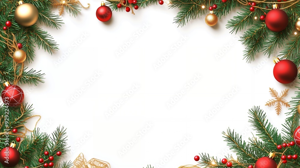 A festive border of Christmas decorations featuring ornaments and pine branches. A festive border of Christmas decorations featuring ornaments and pine branches.