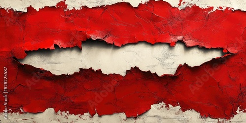 Red Paint Peeling from a Wall, Revealing Underlying Beige Surface photo