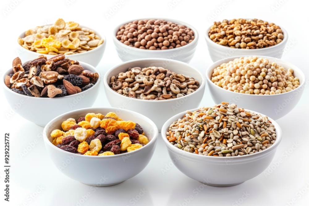 A collection of bowls filled with various nuts, great for snacking or serving A collection of bowls filled with various nuts, great for snacking or serving