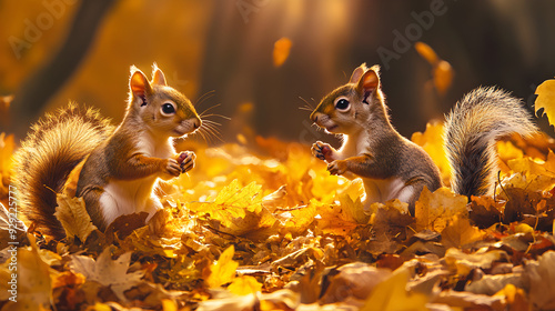 Squirrels play among vibrant golden autumn leaves outdoors photo