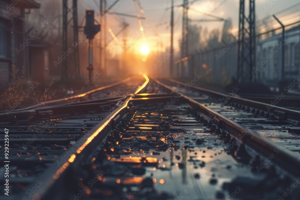 A train track with the sun setting in the background, great for travel or adventure themes