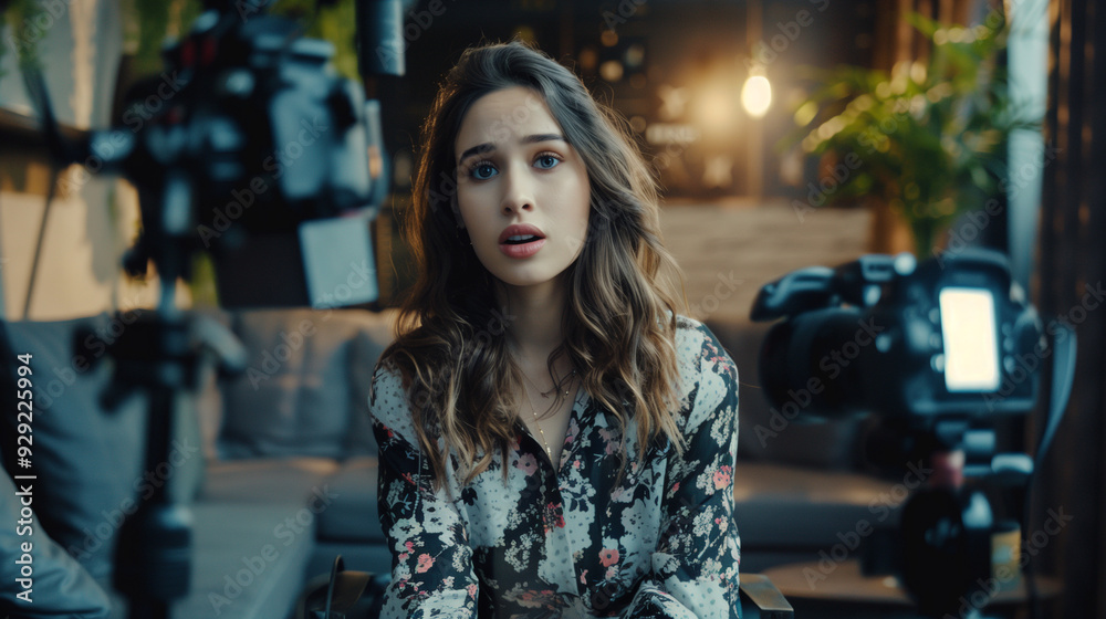A young influencer sits on a couch, recording a video in front of her cameras A young influencer sits on a couch, recording a video in front of her cameras