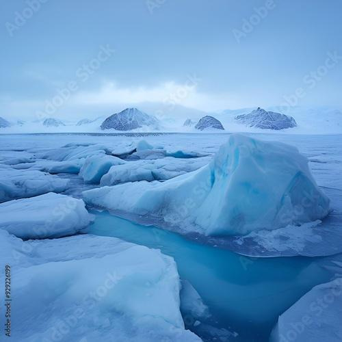 A breathtaking view of the Arctic, showcasing pristine glaciers under a soft, pale sky. The icy landscape glistens in the sunlight, capturing the raw, untouched beauty of a remote and fragile world.