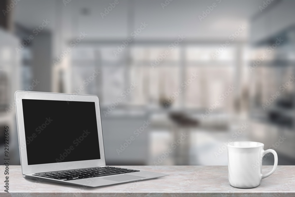 Open laptop with empty blank screen at home office Open laptop with empty blank screen at home office