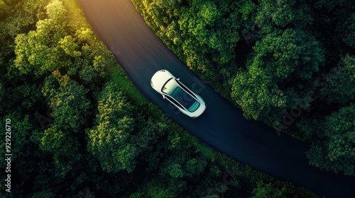 Aerial View of Car on Winding Road Through Lush Forest