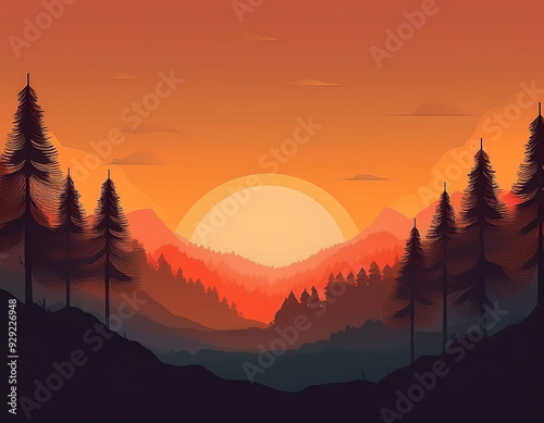 Minimalist Sunset Over Forest Simple Shapes and Gradients for Warm Autumn Evenings