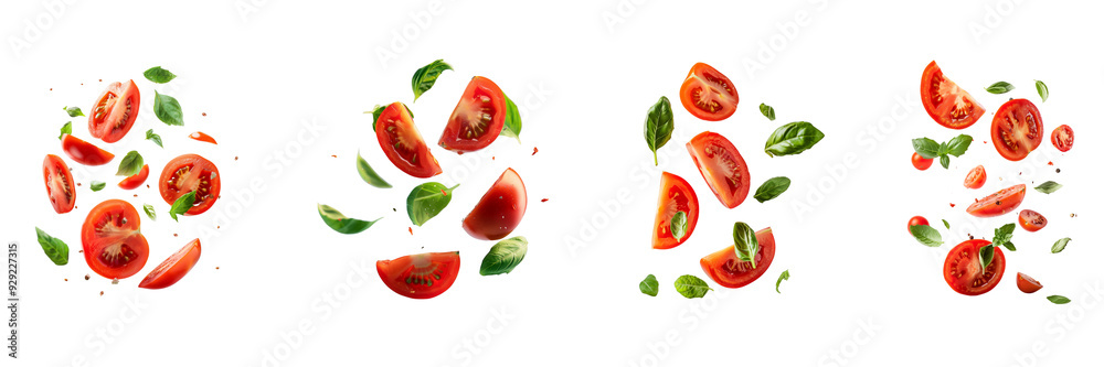 Tomato with half slices falling or floating in the air with green leaves Isolated on a transparent background Tomato with half slices falling or floating in the air with green leaves Isolated on a transparent background