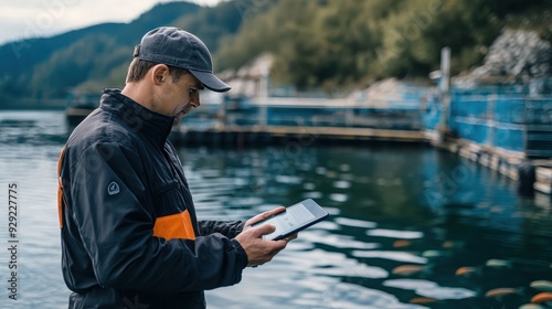 A fish farm worker monitors water quality and fish health using a tablet near calm waters surrounded by nature