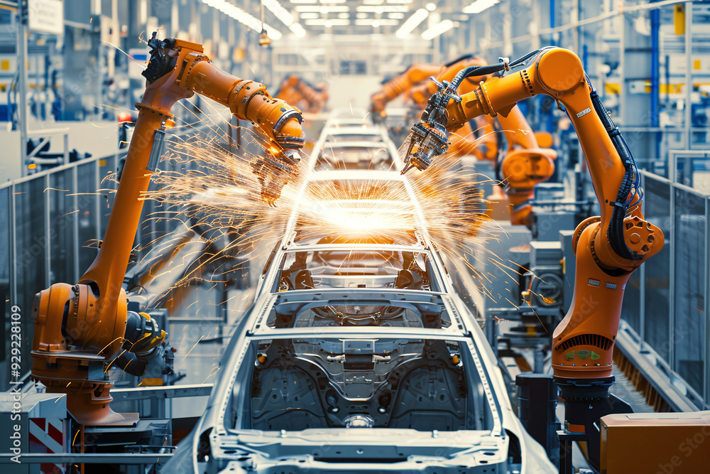 Car manufactory, robot assembly line in car factory. Modern vehicle production, plant process. Automobile production. Automotive industry Car manufactory, robot assembly line in car factory. Modern vehicle production, plant process. Automobile production. Automotive industry