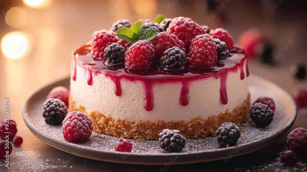 Delicious cheesecake with berry topping dripping on icing sugar decorated plate Delicious cheesecake with berry topping dripping on icing sugar decorated plate