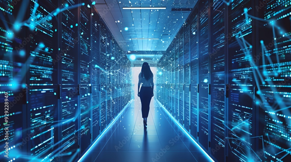 A figure walks through a futuristic data center filled with servers and digital connections. A figure walks through a futuristic data center filled with servers and digital connections.