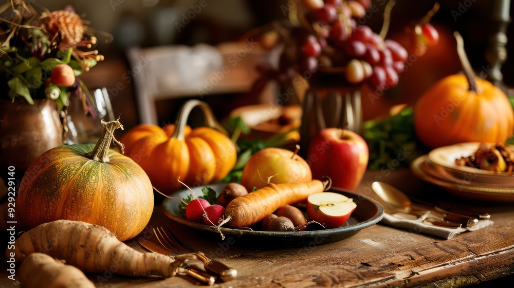 Rustic table setting with early autumn ingredients like squash, apples, and root vegetables. Warm-toned dishes create a cozy atmosphere, perfect for transitioning from summer to fall feasts. Rustic table setting with early autumn ingredients like squash, apples, and root vegetables. Warm-toned dishes create a cozy atmosphere, perfect for transitioning from summer to fall feasts.