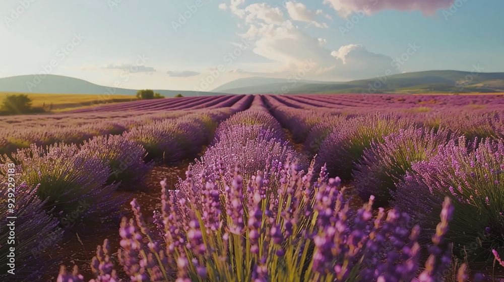 Naklejka premium Lavender flower blooming scented fields in endless rows. 