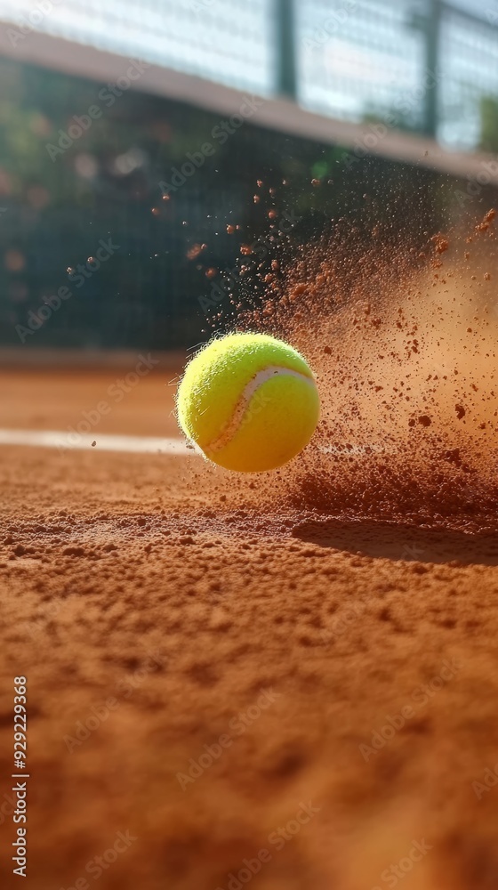 Tennis ball bouncing on clay court raising dust