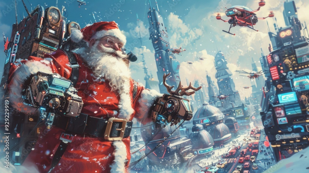 Obraz premium Futuristic Santa Claus delivering gifts in a snowy cyber city during Christmas