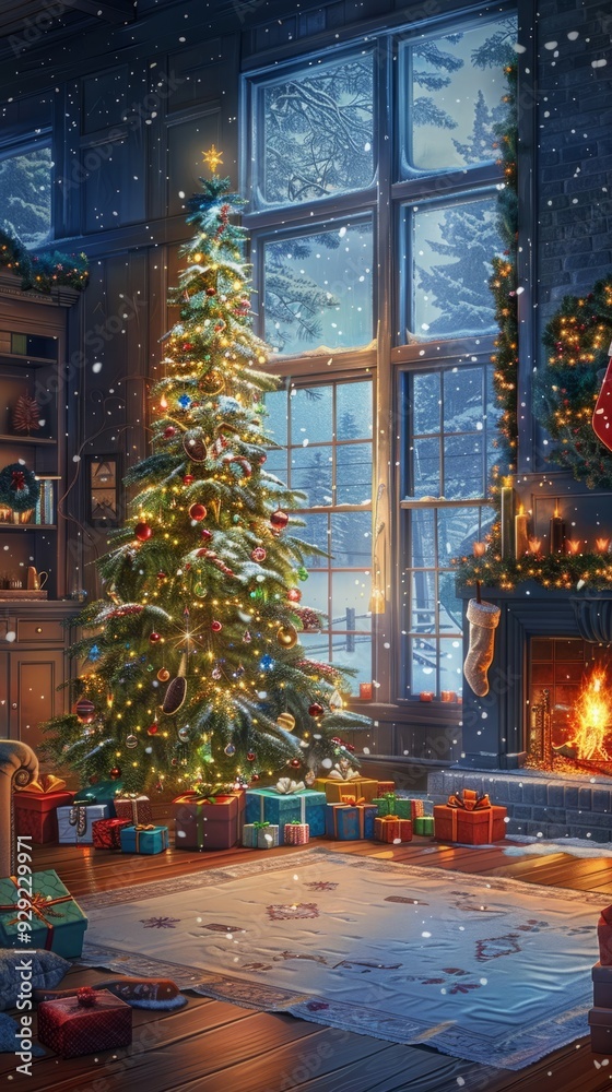A beautiful Christmas tree standing in the soft light of the room, a nice, warm and soothing Christmas atmosphere. A beautiful Christmas tree standing in the soft light of the room, a nice, warm and soothing Christmas atmosphere.