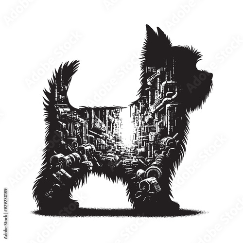 silhouette of Yorkshire Terrier, filled with destroyed futuristic dystopia environment in rough drawing,