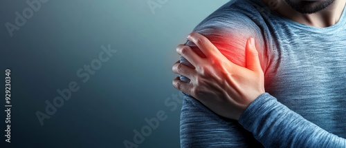 A detailed illustration of a hand gripping a shoulder, with intense red highlights around the joint, emphasizing the acute pain against a desaturated background, shoulder pain, acute discomfort photo