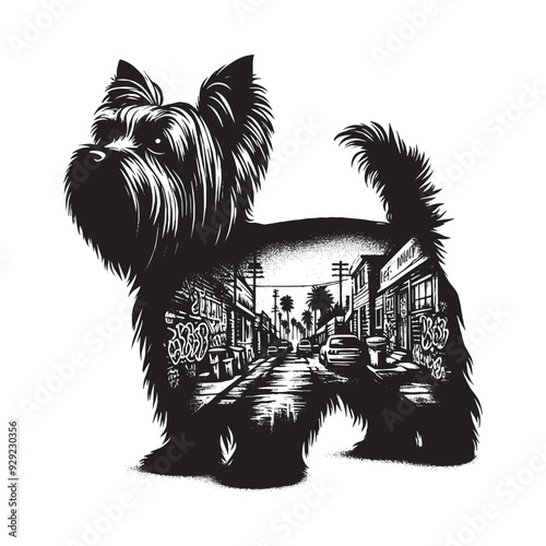 silhouette of Yorkshire Terrier, filled with ghetto street in rough drawing,