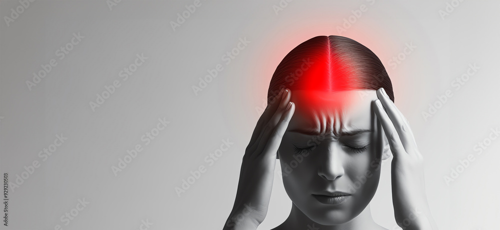 An illustration of a head with a strong, red glow centered around the temples, highlighting the intensity of a migraine against a muted gray backdrop, migraine pain, acute head discomfort
